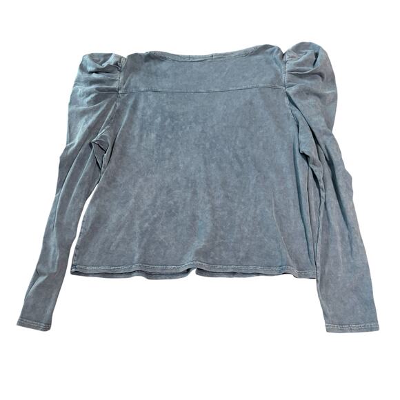 NWT 7 For All Mankind Top Women Large Blue Stone Wash V Neck Puff Sleeve Grunge - Picture 2 of 8